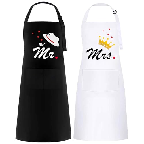 umboom 2 Pièces Mr & Mrs Tablier de Couple, Humour Cadeaux pour Mariage, Noël, Anniversaire, Crémaillère, Saint Valentin, Noir Blanc Tablier pour Homme Femme (Bowlerhat & Crown)