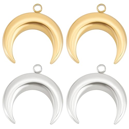 Beebeecraft 12Pcs 2 Colors 18K Gold Plated Moon Charm Silver and Gold Double Horn Dangle Charms with Plastic Box for DIY Necklace Earrings Bracelet Jewellery Making