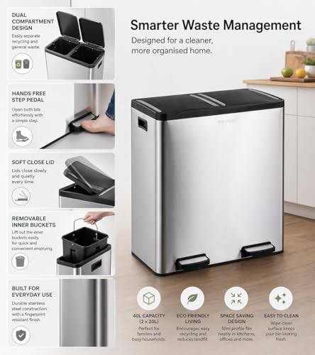 Image of Step N' Sort The 18.5 Gallon Extra Large Capacity, Soft-Step, Dual Trash and Recycling Bin with Removable Inner Bins, Silver