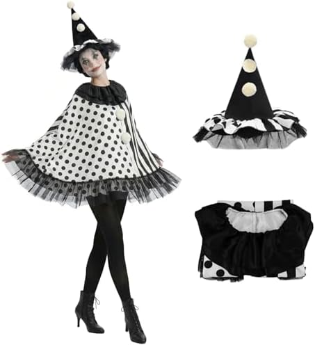 Scary Clown Costume Halloween Black and White Cape Fuzzy Poms Jes...