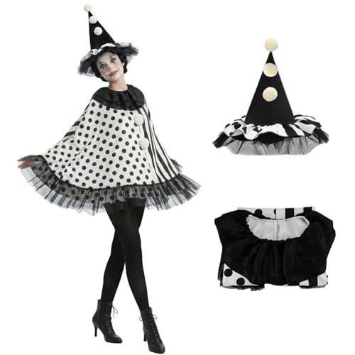 Pmnoyal Scary Clown Costume Halloween Black and White Cape Fuzzy Poms Jester Hat Horror Movies Cosplay for Adult
