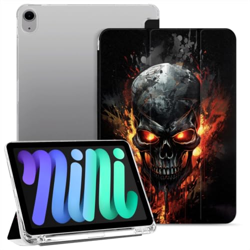 Punmada Case for iPad mini6 8.3 inch 2021 Powered By The A15 Bionic Chip Trifold Stand Auto Wake/Sleep TPU Protection Stand Clear Back Cover,Cool Black Skull Flame