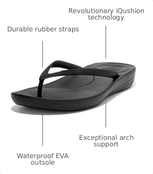 Image of FitFlop Womens iQushion Rubber Flip-Flops with Contoured Footbed for Walking, Lightweight Ergonomic Flip Flop Sandals with Arch Support and Foot Impact Pillows