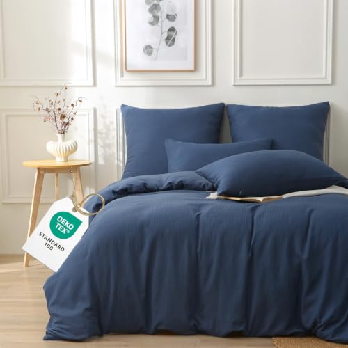 HOMHOMHA Musselin Bettwäsche 135x200 atmungsaktive Mikrofaser in Musselin-Optik- ÖeKO-TEX zertifiziertes-Set mit 1 Kissenbezug 80x80Marineblau