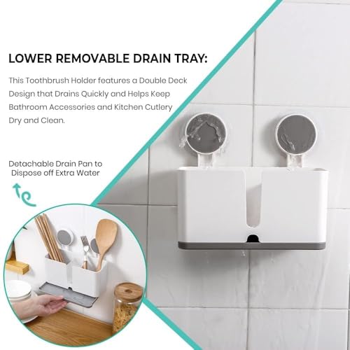 Image of Wall Mounted Toothbrush Holder for Bathroom | Self Adhesive Brush Stand with Toothpaste Holder | Bathroom Organiser Without Drill