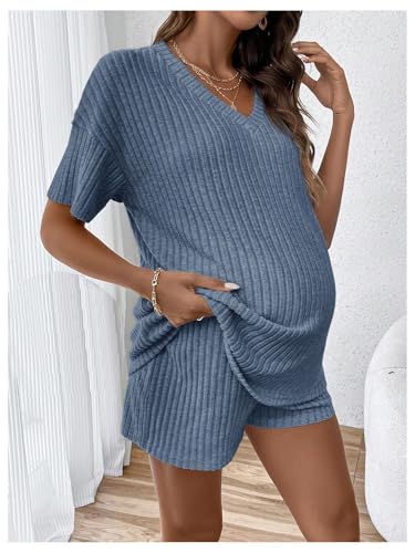 Image of MakeMeChic Women's Maternity 2 Piece Outfits Summer Short Sleeve Rib Knit Tee Top and Short Lounge Sets Clothes