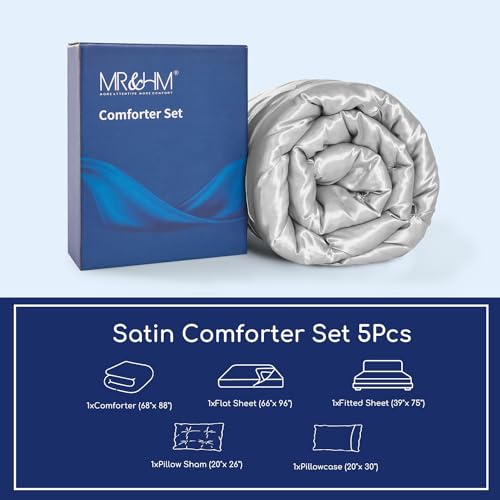 MR&HM Satin Comforter Twin 5 Pieces - Luxurious Pinch Pleat Bedding Set with Comforter, Flat Sheet, Fitted Sheet, Pillowcase & Sham, Super Silky Soft Bed Set for All Season (Twin, Silver Grey)