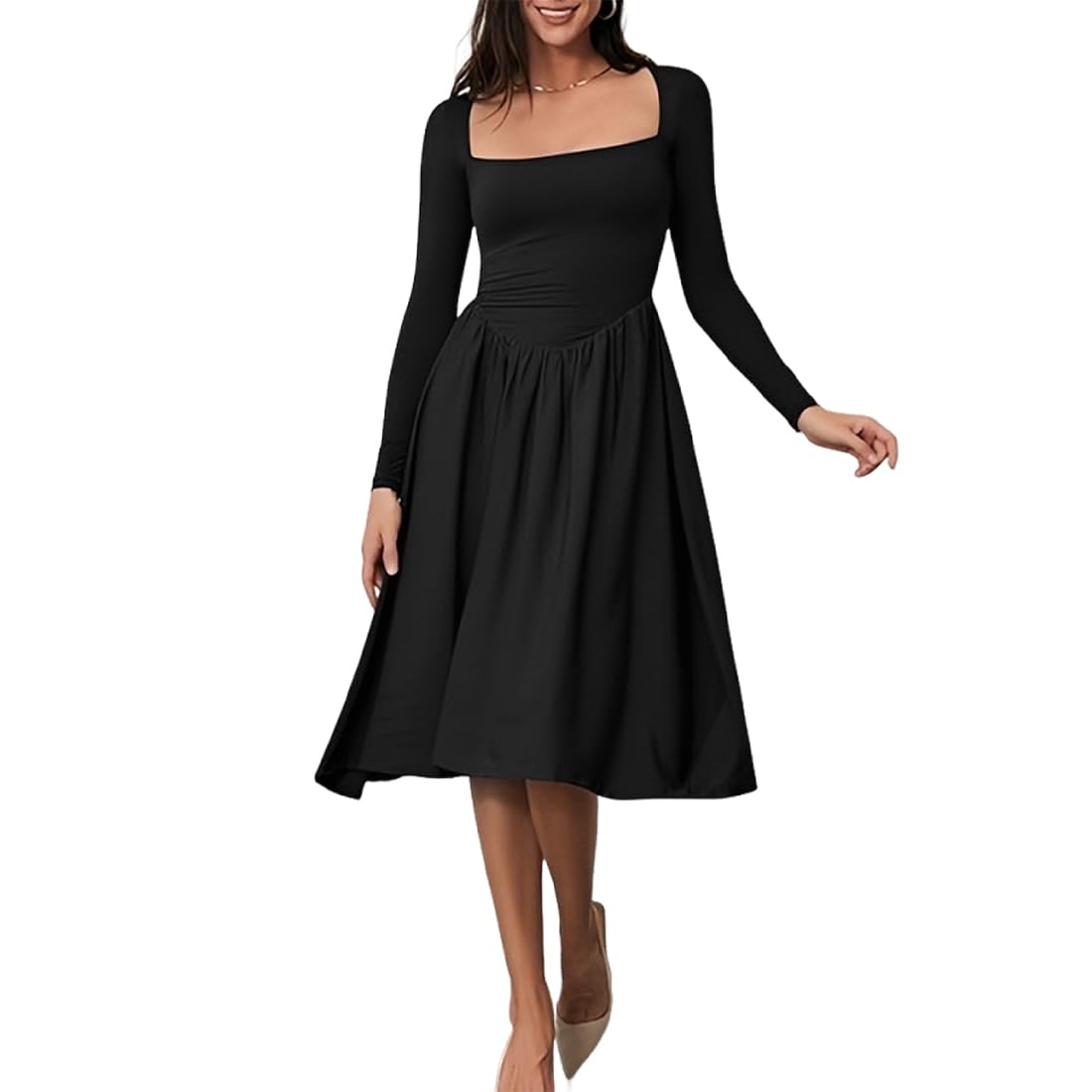 Bcenoilua Women's Black Sexy Bodycon Dresses Square Neck Long Sleeve Midi Dress High Waist Ruched Slim Fit A Line Swing Dresses Elegant Casual Party Cocktail Going Out Dress Streetwear