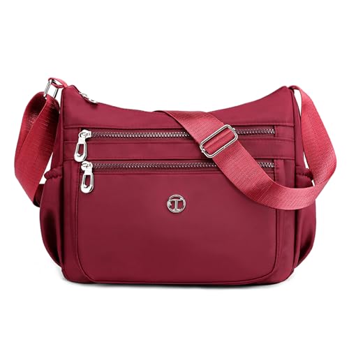 Sac bandoulière léger nylon pour femme sacoche rouge à poches multiples usage quotidien