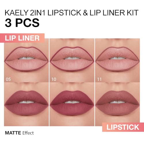 Image of Kaely 3Pcs Gradient Matte Lipstick Lip Liner Pencil Set for Women, 2in1 Flawless Contour Gradual Ombre Effect Lip Pencil Makeup Waterproof, labiales mate 24 horas originales, 05+10+11
