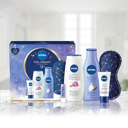NIVEA Feel Dreamy Skincare Regime Gift Set, Women's Gift Set Includes Shower Cream, Body Lotion, Night Cream, Lip Balm, and Eye Mask, Beauty Products - Image 3