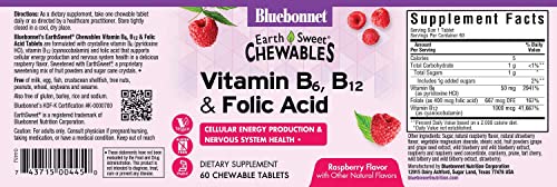 Bluebonnet Nutrition Earth Sweet Vitamin B6, B12, Plus Folic Acid Chewable Tablets, Vegan, Vegetarian, Gluten Free, Soy Free, Milk Free, Kosher, 60 Chewable Tablets, Raspberry Flavor #TOP6