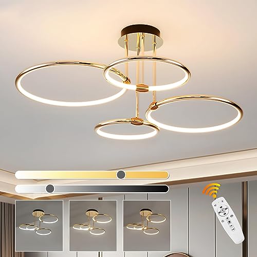 WayLuoung Led Deckenleuchte In Gold, 4-Ring Design/Ø75Cm Kronleuchter, 98W Stufenlos Dimmbar, Metallgalvanik Pendelleuchte, Moderne Lampe Für Schlafzimmer, Wohnzimmer, Kinderbüro Arbeitszimmer Küche