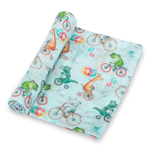 Image of LollyBanks Baby Blanket, 100% Cotton Muslin Swaddle for Baby Boys and Girls, Soft and Breathable 47 x 47 Inches Receiving Blanket, Lightweight Newborn Swaddle Blankets, Registry (Animal Bike Print)