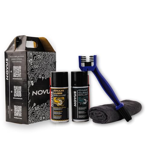 Novus Motorbike Chain Maintenance Kit | Chain Lube 150ML, Chain Clean 150ML, Chain Cleaning Brush, 350gsm Microfibre Cloth | Free Handy Toolkit