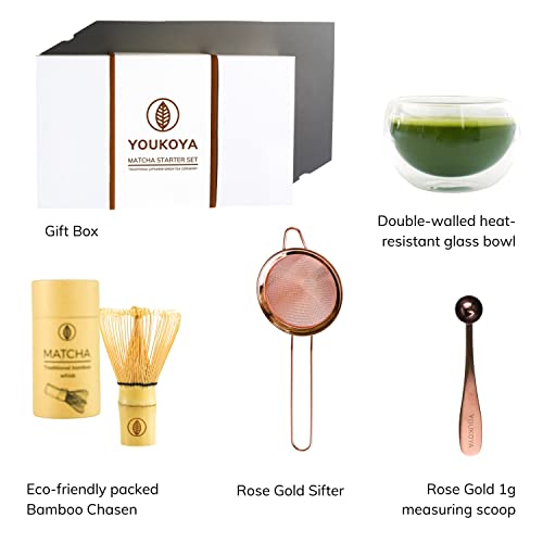 Matcha Traditional Starter Set (4 Pieces) - Double-Walled Glass Bowl (300 Ml), Rose Gold Sifter, Bamboo Whisk (Chasen) With Eco-Friendly Kraft Tube, 1G Measuring Spoon For Japanese Tea Ceremony #TOP1