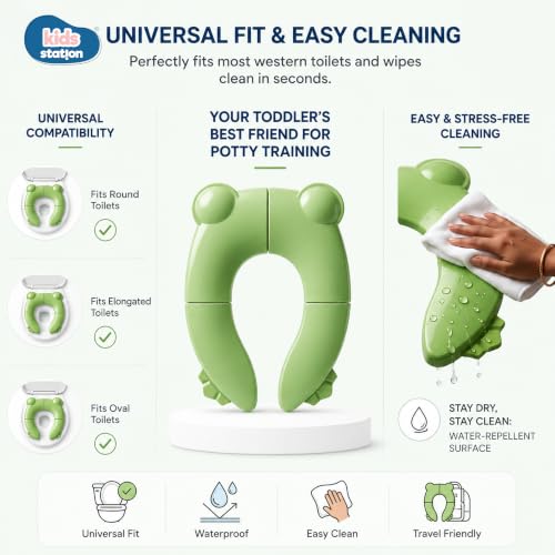 Image of Kids Station Baby Portable & Foldable Baby Unisex Potty Training Toilet Seat with Non-Slip Base, Splash Guard, and Storage Hook-Ideal for 0-6 Year Child, Travel-Friendly (Green, Foldable Potty Seat)