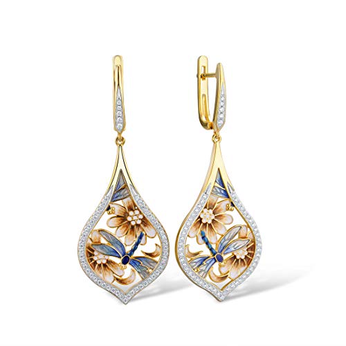 Santuzza 925 Sterling Silver Cubic Zirconia Flower & Dragonfly Enamel Earrings for Women