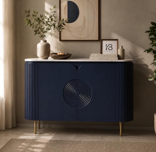 Image of Solid Wood Mandala Sideboard Cabinet with Sintered Stone Top for Living Room | Premium Acrylic Blue with Soft Close Hinges | 120 cm (W) x 39.8 cm (D) x 85 cm (H)