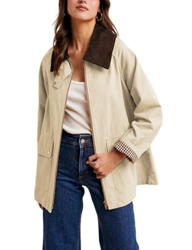 Bankeng Womens Oversized Barn Jacket Zip Up Military Jackets Fall Color Block Vintage Trench Coat with Pockets