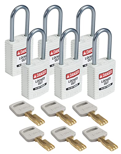 Image of Brady CPT-WHT-38AL-KD6PK SafeKey Padlock, White, 3.0 in H x 1.25 in W x 0.75 in D