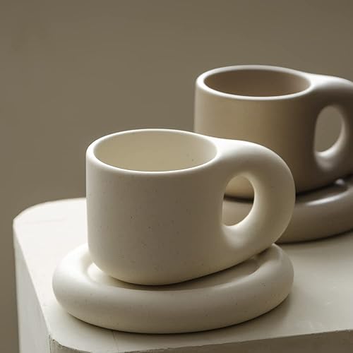 Vista 7 de WENSHUO Chubby - Taza de café divertida, taza y platillo lindo, crema mate, 9 onzas (crema mate)