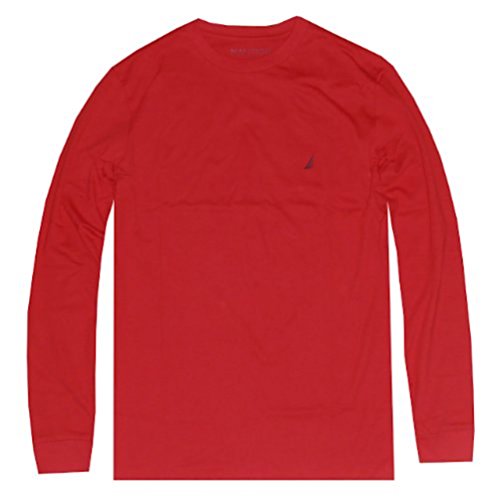 Nautica Men Long Sleeve Solid Crewneck Logo T-Shirt (M, Red)