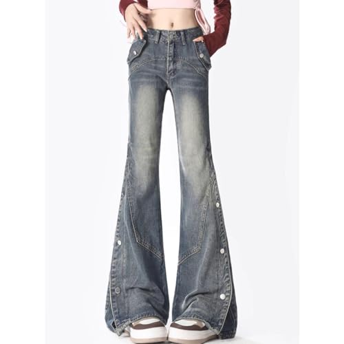 Casual Straight Leg High Waisted Y2K Jeans Fashion Gradual Patchwork Sides Buttoned Split Flared Denim Pants3