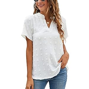 Blooming-Jelly-Womens-White-Chiffon-Blouses-Short-Sleeve-V-Neck-Shirts-Summer-Casual-Polka-Dot-Tops Blooming Jelly Womens White Chiffon Blouses Short Sleeve V Neck Shirts Summer Casual Polka Dot Tops (M,White)