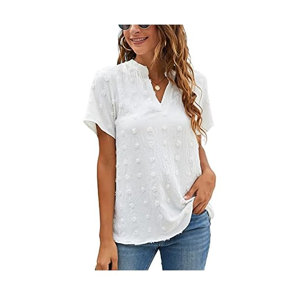 Blooming-Jelly-Womens-White-Chiffon-Blouses-Short-Sleeve-V-Neck-Shirts-Summer-Casual-Polka-Dot-Tops Blooming Jelly Womens White Chiffon Blouses Short Sleeve V Neck Shirts Summer Casual Polka Dot Tops (M,White)
