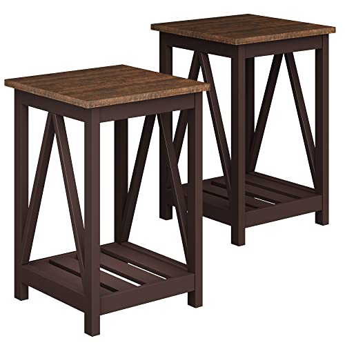Choochoo Farmhouse End Table, Rustic Vintage End Side Table With Storage Shelf For Small Spaces, Nightstand Sofa Table For Living Room, Bedroom Espresso 2 Pack #TOP9