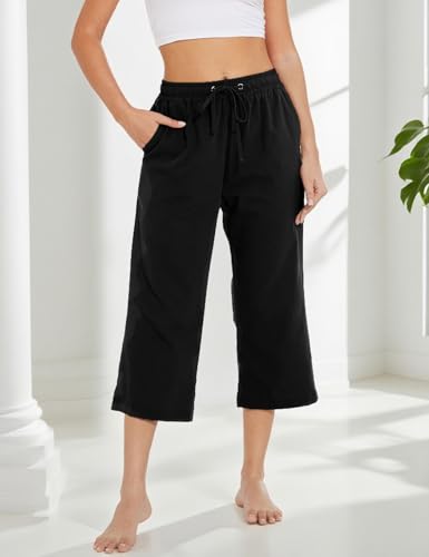 Capri Pants for Women Wide Leg Drawstring Waist Causal Loose Fit Summer Soft Buttons Trousers with Pockets Black2