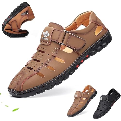 Stylish Leather Hollow Sandals, Men Summer Comfortable Breathable Adjustable Closed Toe Sandal, Anti-Slip Beach Sandals