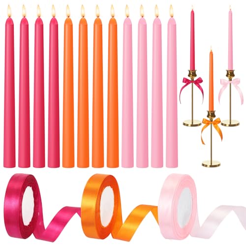 Windkream 12 Pcs Pink and Orange Party Taper Candles with 3 Roll Ribbon 10 Inch Candle Candlestick Decor for Baby Shower Home Thanksgiving Wedding Summer Sunset Fall Dinner Party Decor