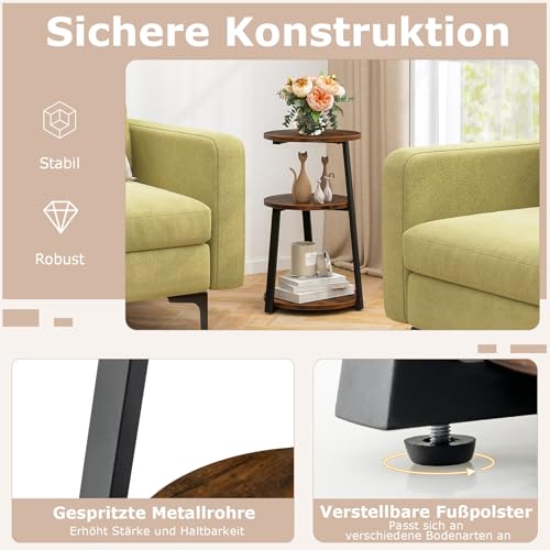 COSTWAY Beistelltisch mit 3 Ebenen, runder Sofatisch mit Metallrahmen & verstellbaren Fußpads, Nachttisch für kleinen Raum, Kleiner Couchtisch für Wohnzimmer, Schlafzimmer, 40,5 x 38 x 62 cm – Bild 6