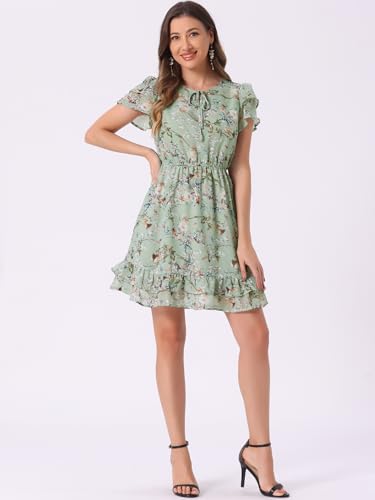Image of Allegra K Women's Ruffle Sleeve Self-Tie V Neck Flowy Ruffled A-Line Floral Chiffon Dress