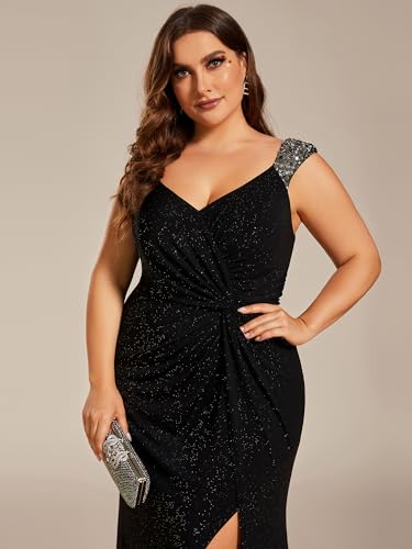 image for Ever-Pretty High Slit V Neck Sequin Sleeveless Ball Gowns Plus Size Dr