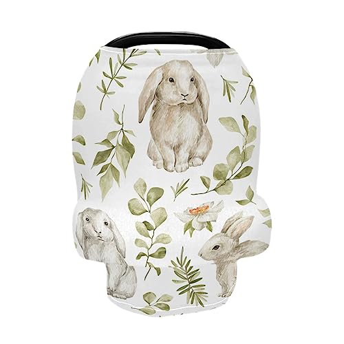 Image of Moudou Cute Rabbit Baby Car Seat Cover, Soft Stretchy Infant Carseat Canopy Cover Newborn Nursing Breastfeeding Cover for Stroller, High Chair, Shopping Cart