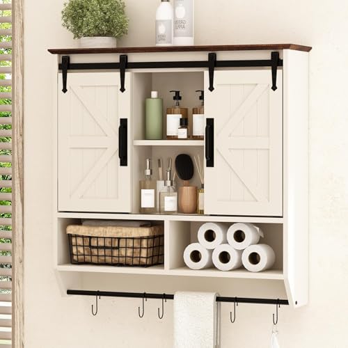 RUSTOWN Farmhouse Bathroom Wall Cabinet,3-Tier Rustic Wood Wall Mounted Cabinets,Vintage Medicine Cabinet with Sliding Barn Door and Adjustable Shelves,Over The Toilet Storage Cabinet (Vintage White)