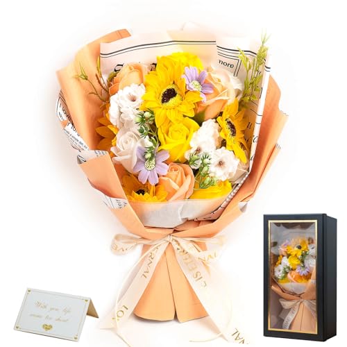 WillingYou ソープフラワー 花束 ギフト ひまわり プレゼント 石鹸の花 シャボンフラワー インテリア 雑貨 卒業式 開店祝い 母の日 誕生日 結婚祝い 退職祝い 還暦祝い 発表会 ディスプレイ 花 フラワー イエロー ローズ 薔薇の花 桜 アレンジ 枯れない そのまま飾れる