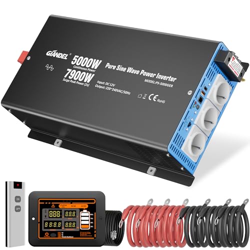 【Protezione completa affidabile】 Questo inverter a onda sinusoidale da 5000 Watt è dotato di funzioni di protezione complete: protezione da cortocircuito, protezione da sovratensione e sottotensione all'ingresso, protezione da inversione di polarità, surriscaldamento e sovraccarico, separazione galvanica tra ingresso e uscita e protezione ottimizzata da sottotensione in uscita.