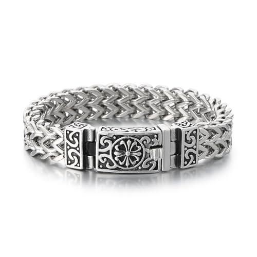 Men's 316 Stainless Steel Gothic Viking Bracelet - Flower & Cross Carved, Large Franco Textured Chain