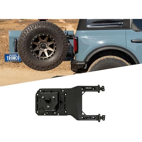DV8 Offroad Tire Carrier for 2021-2024 Ford Bronco | Heavy-Duty Design | Absorbs Weight of Spare Tire & Tailgate Door | Included Third Brake Light Extension | Fully Bolt-On Installation | Steel Cover