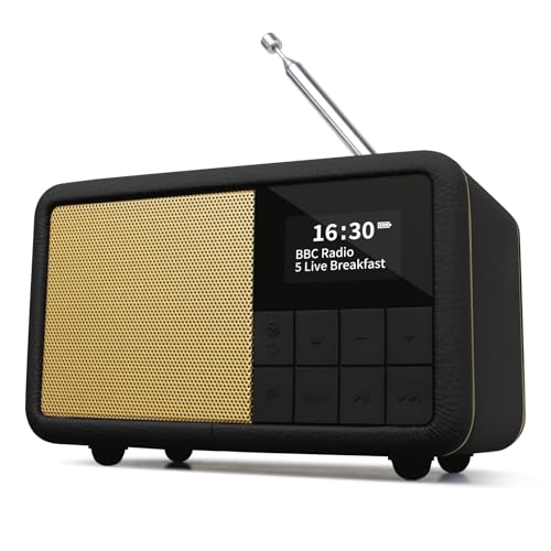 LEMEGA CR7 Radio portátil Mini DAB+ con Bluetooth (batería con hasta 12 horas de autonomía, FM, IPX4 resistente al agua, funda de madera, superficie de cuero, cordón, reloj despertador, temporizador