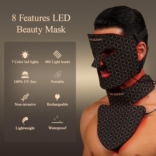 MEGELIN Led Red Light Therapy Face & Neck Mask, 7 Colors Led Light Therapy Facial Mask, Infrared Red Light Therapy Mask, Infrared Light Skin Rejuvenation(Black)