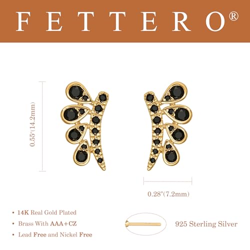 FETTERO Stud Earrings for Women - 14K Gold Plated CZ Hypoallergenic Earrings Studs Dainty Black CZ Leaf Gold Earrings for Women Trendy Statement Jewelry