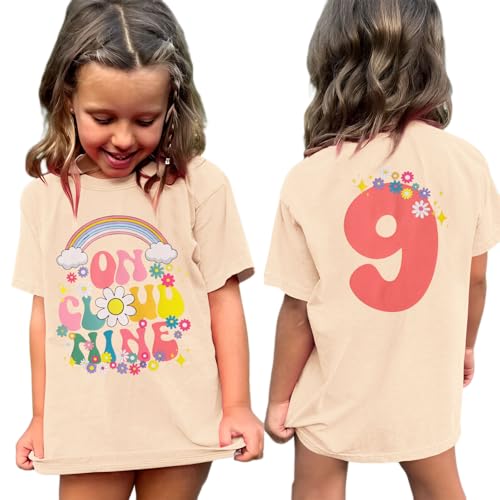 AG AGUU On Cloud Nine Birthday Girl Shirts Kids Girls Birthday Outfits Flower 9th T-Shirt Party Tees Tops 9 Years Old(Beige-9th)