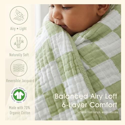 Image of 6-Layer Muslin Baby Blanket Made with Organic Cotton - Classic Neutral Checkered, Swaddle & Crib Quilt, 43 inchx43 inch, Warm Sage Green Checkered