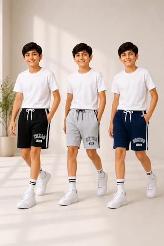 Image of LilBits Kids Cotton Blend Shorts Pack of 3 | Breathable Summer Casual Shorts for Boys & Girls with Drawstring Waist, Side Piping, Soft Fabric, Playwear & Outdoor Comfort