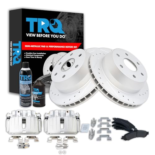 Image of TRQ Rear Performance Brake Pad & Rotor Kit Semi-Metallic Premium G-Coated Slotted X Drilled Compatible with Cadillac Chevrolet GMC